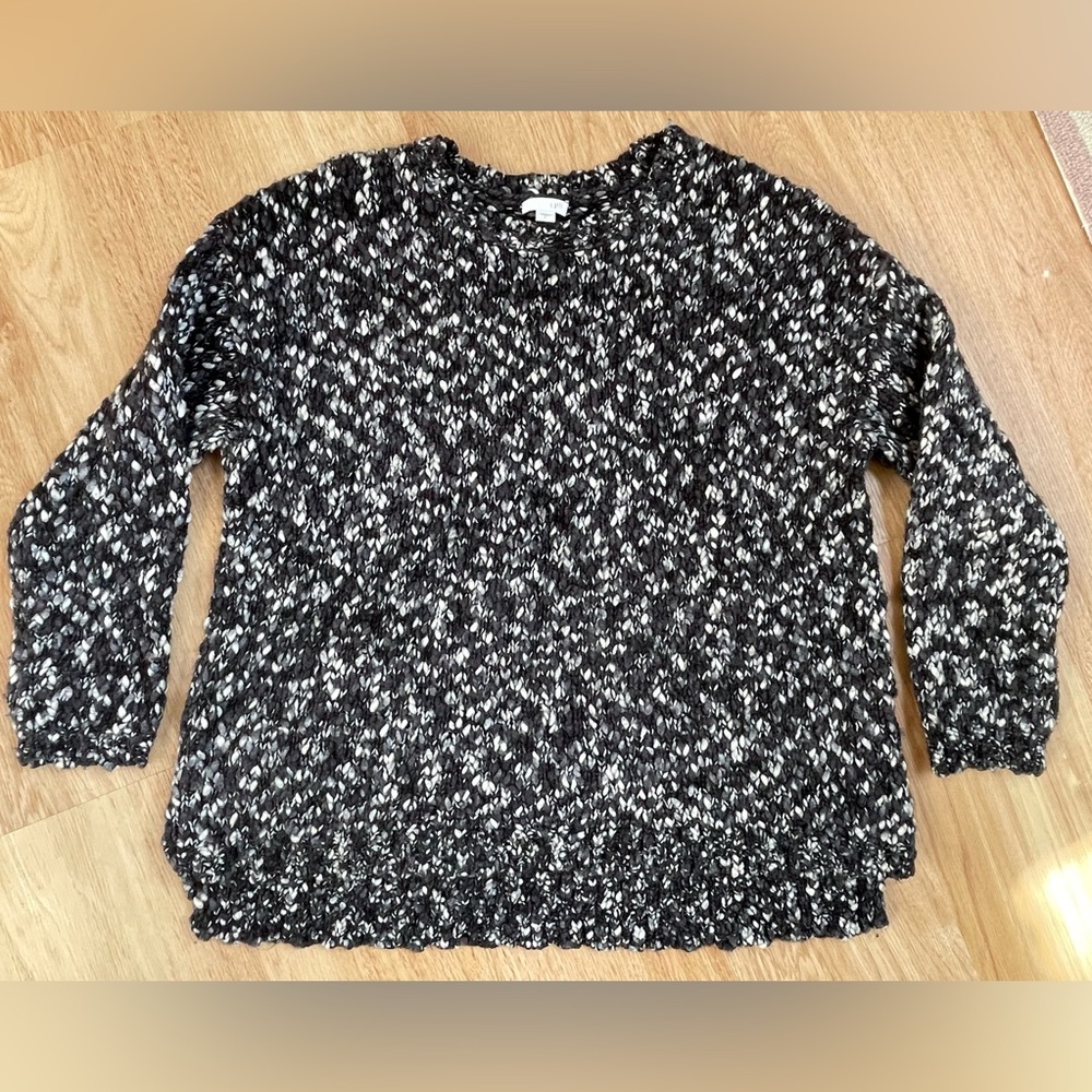 J.Jill Wool Sweater Black White Gray Tweed Chunky Knit Crewneck large